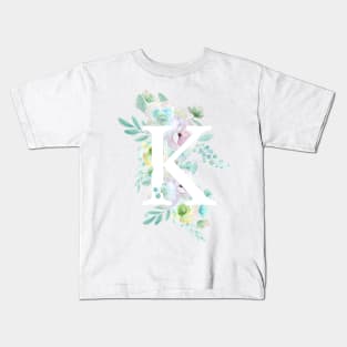 Botanical alphabet K green and purple flowers Kids T-Shirt